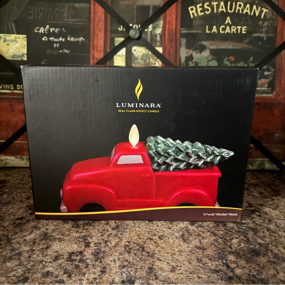 New in box Luminara Flameless Candle Red Christmas Tree Truck